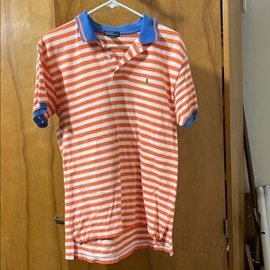 Ralph Lauren Orange and White Striped Polo with Blue Collar
